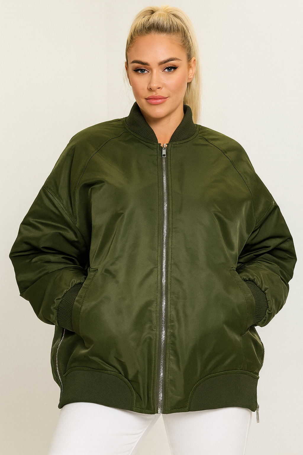 Side Zip Detail Relaxed Fit Bomber Jacket