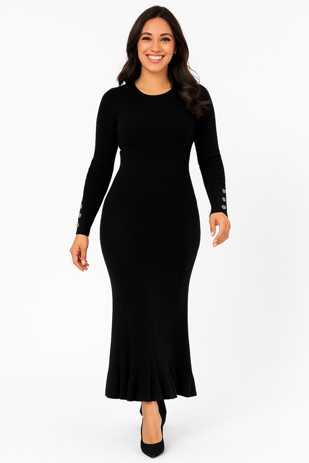 Button Sleeve Ribbed Viscose Blend Extra Long Knitted A-Line Dress