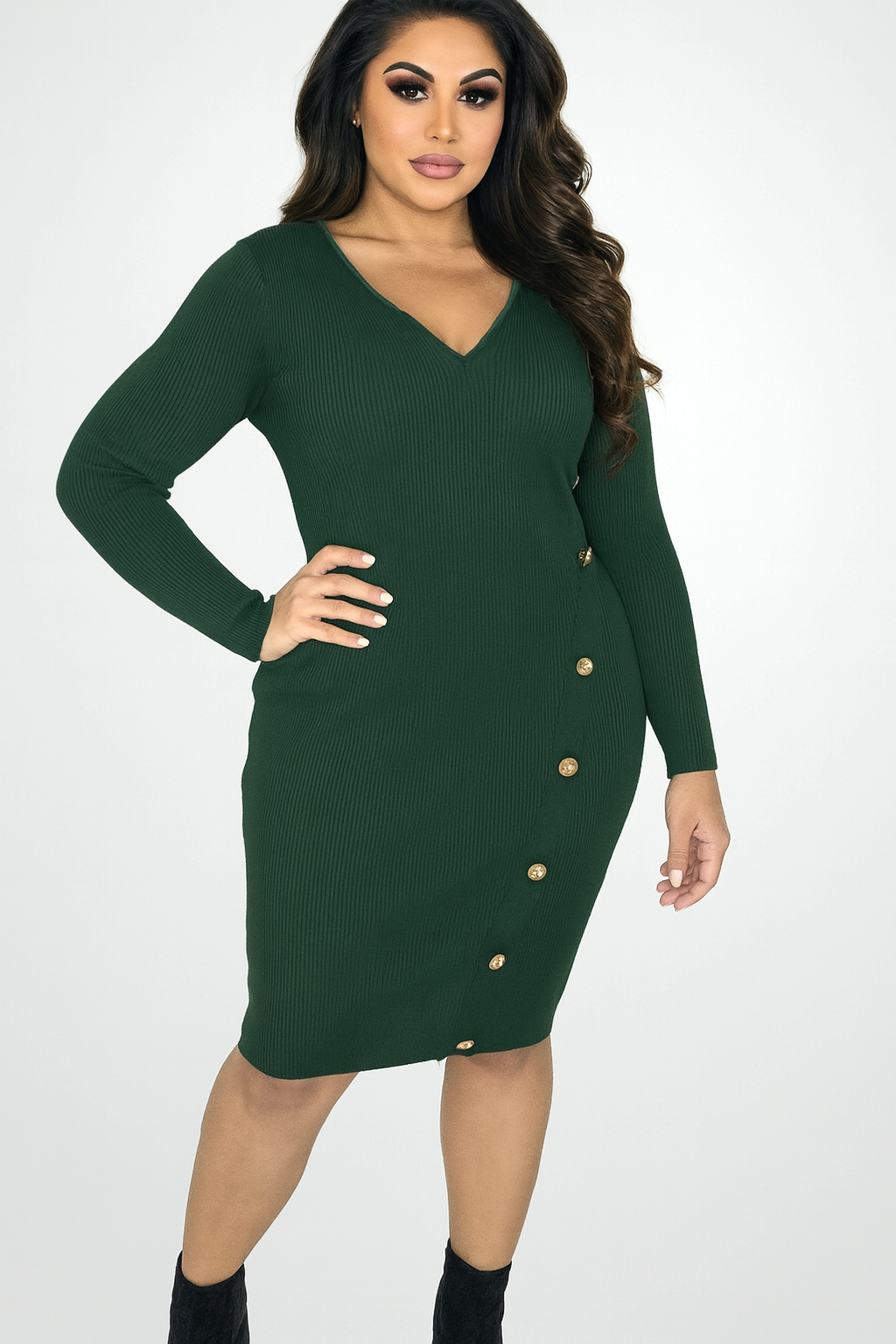 Ribbed Knit Side Button Detail Stretchy Knee Length Dress