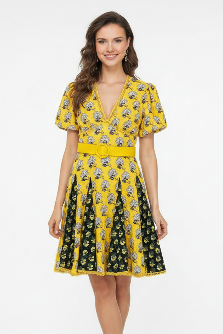 Floral Print Short Sleeve Belted Skater Dress