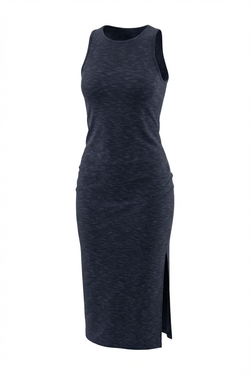 Ribbed Cotton Blend Side Slit Basic Maxi Dress