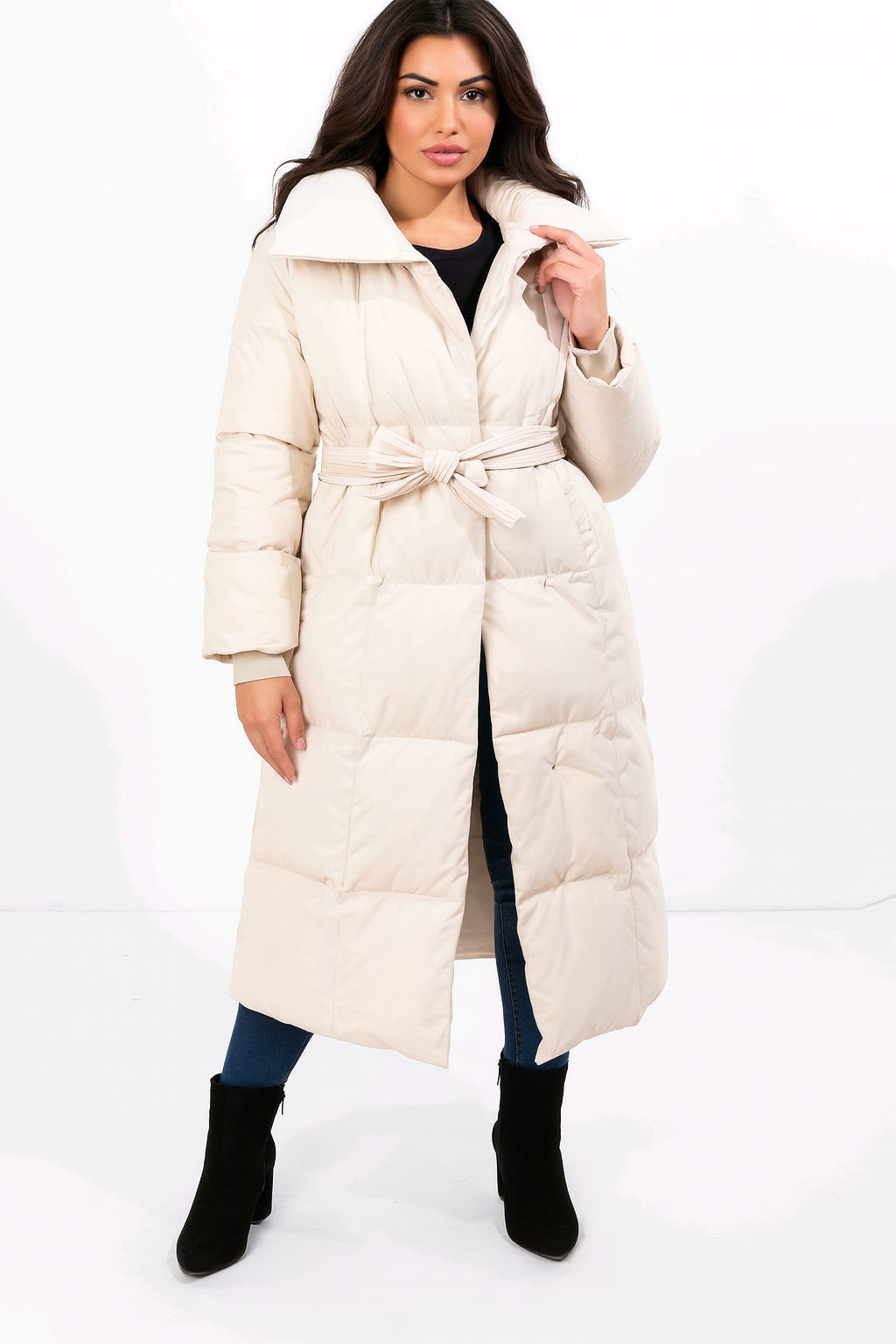 High Neck Quilted Tie Belt Relaxed Fit Long Winter Jacket