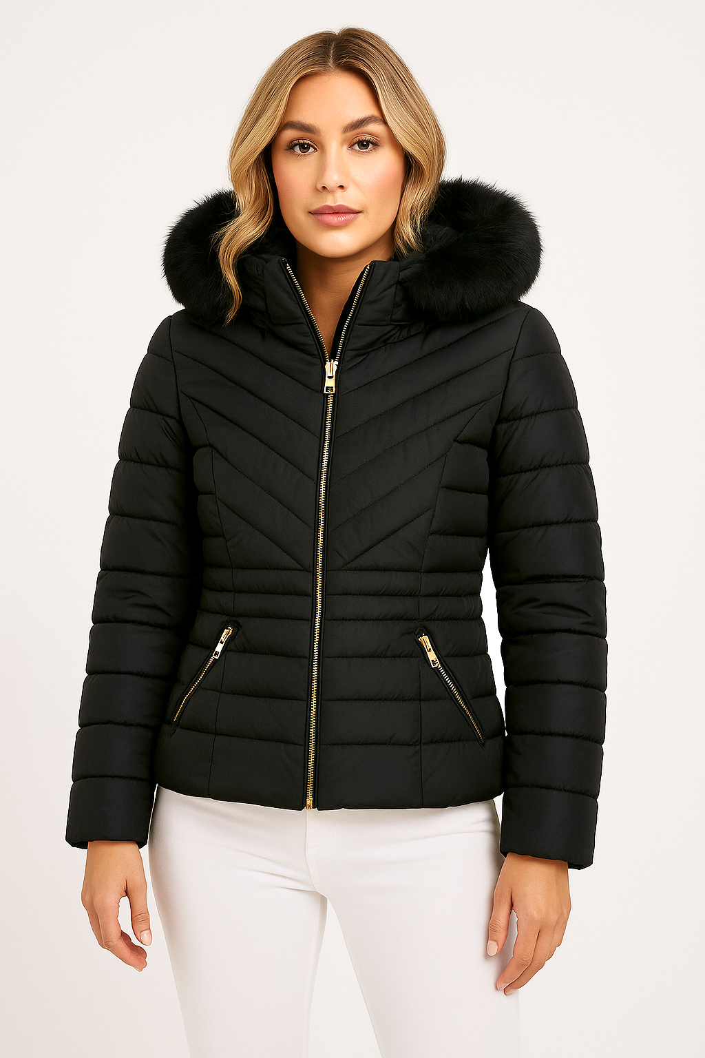 Wholesale Women's Chevron Quilt Faux Fur Hood Puffer Jacket (PACK OF 5)