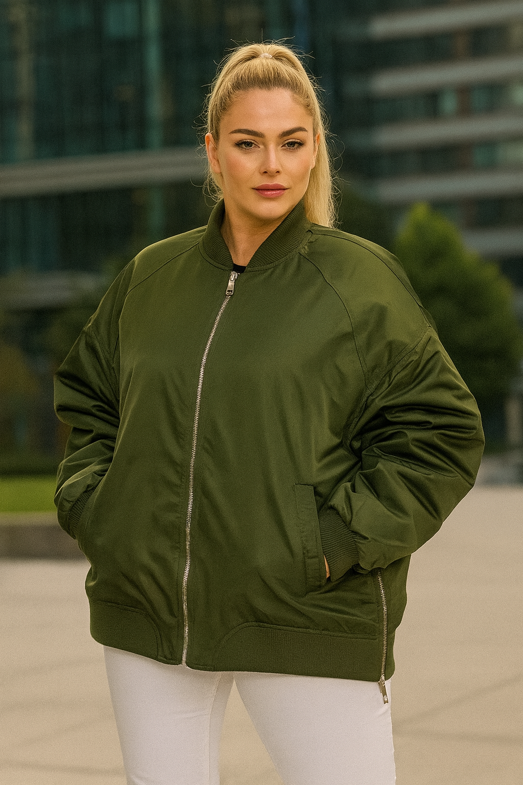 Side Zip Detail Relaxed Fit Bomber Jacket