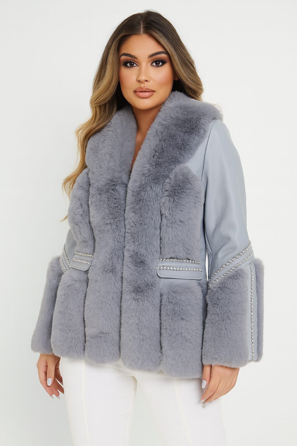 Vegan Fur With Leather Panel Luxurious Beaded Trim Elegant Jacket