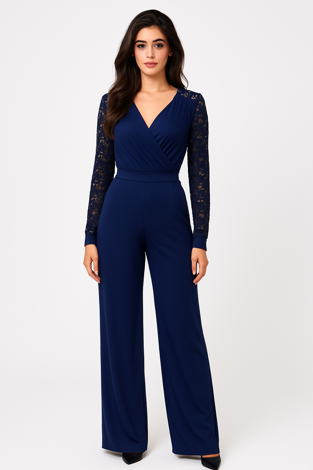 Lace Contrast Low Cut Long Sleeve Flowy Wide Leg Jumpsuit