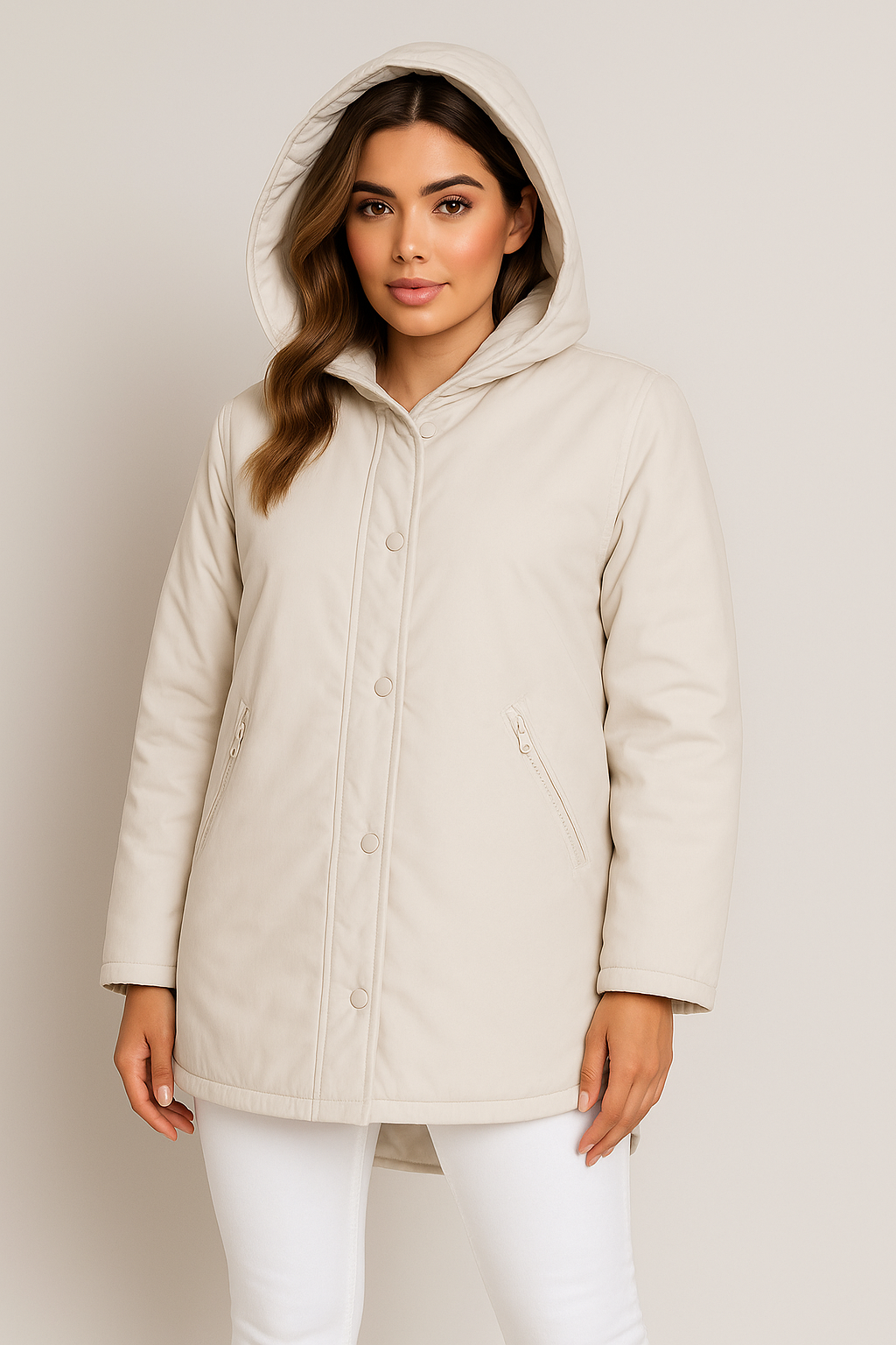 Zip And Snap Closure Relaxed Fit Hooded Midi Puffer Jacket