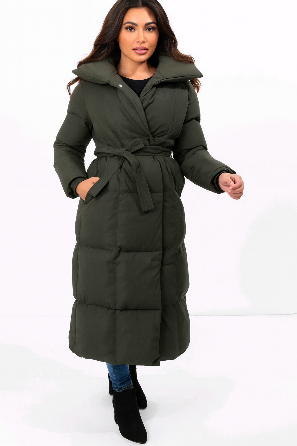 High Neck Quilted Tie Belt Relaxed Fit Long Winter Jacket