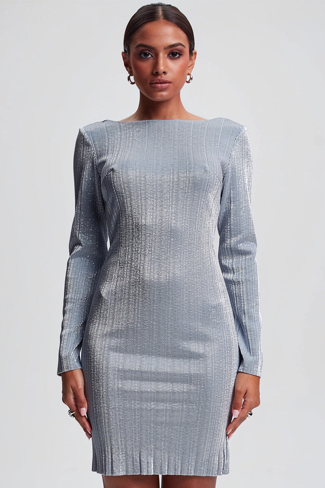 Wholesale Women's Blue/Silver Shimmer Long Sleeve Mini Pleated Dress (PACK OF 19)