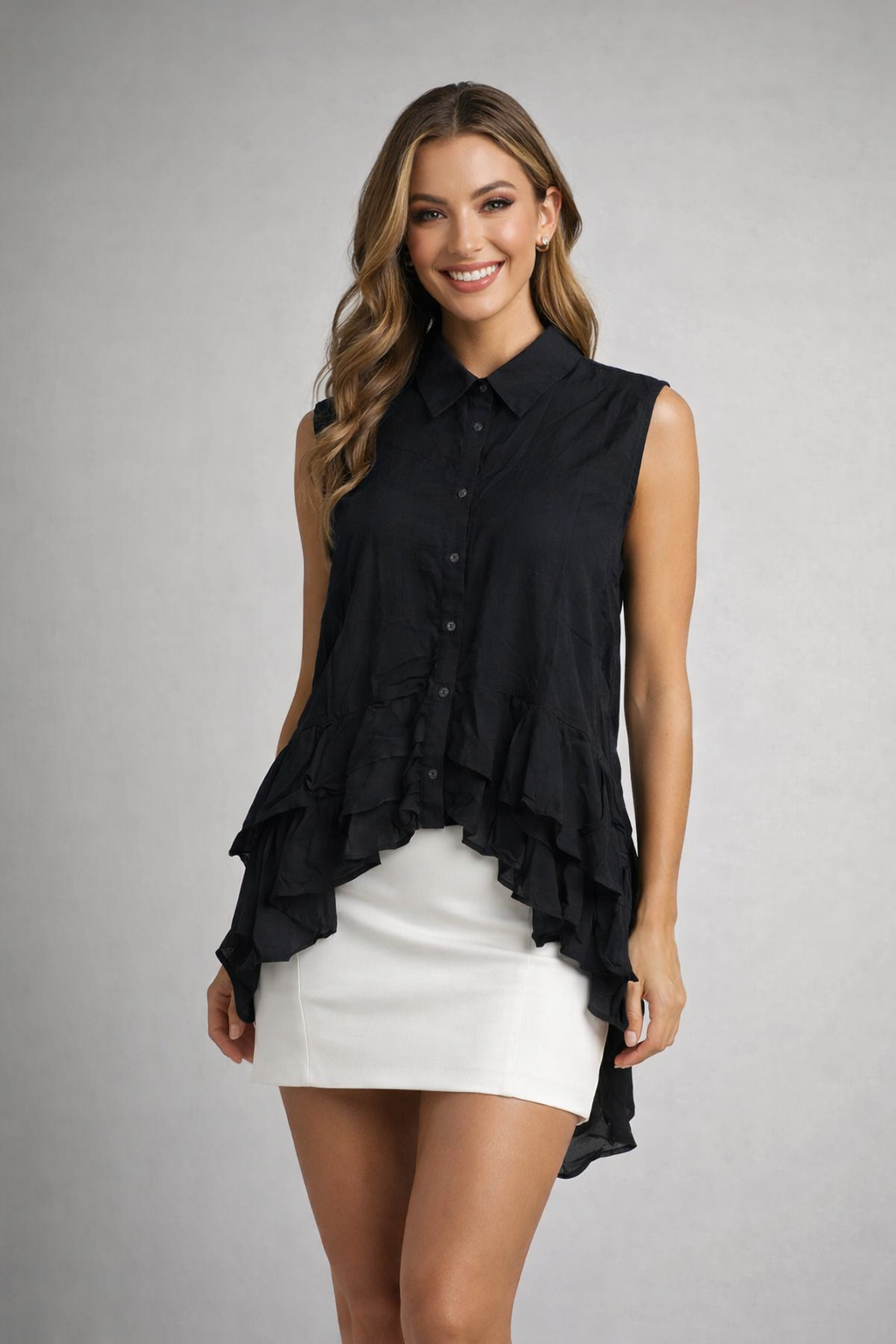 Wholesale Women's High Low Ruffle Sleeveless Blouse (PACK OF 6)