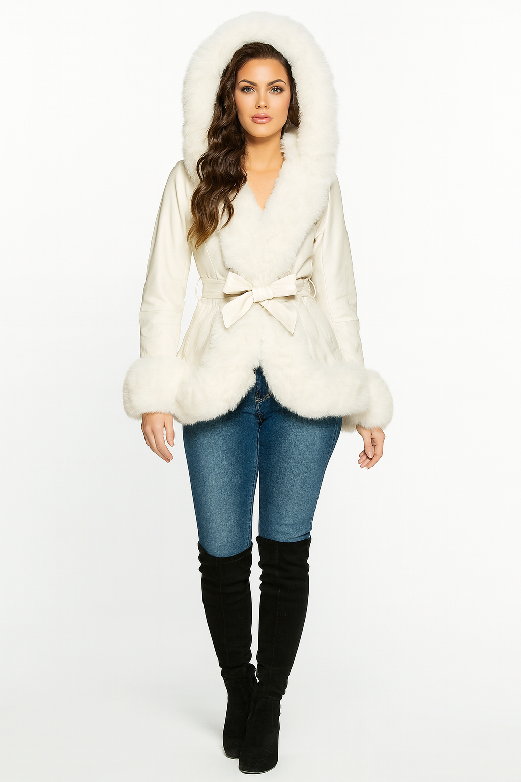 Faux Fur Trim And Lining Leather Look Tie Belt Elegant Hooded Peplum Winter Jacket