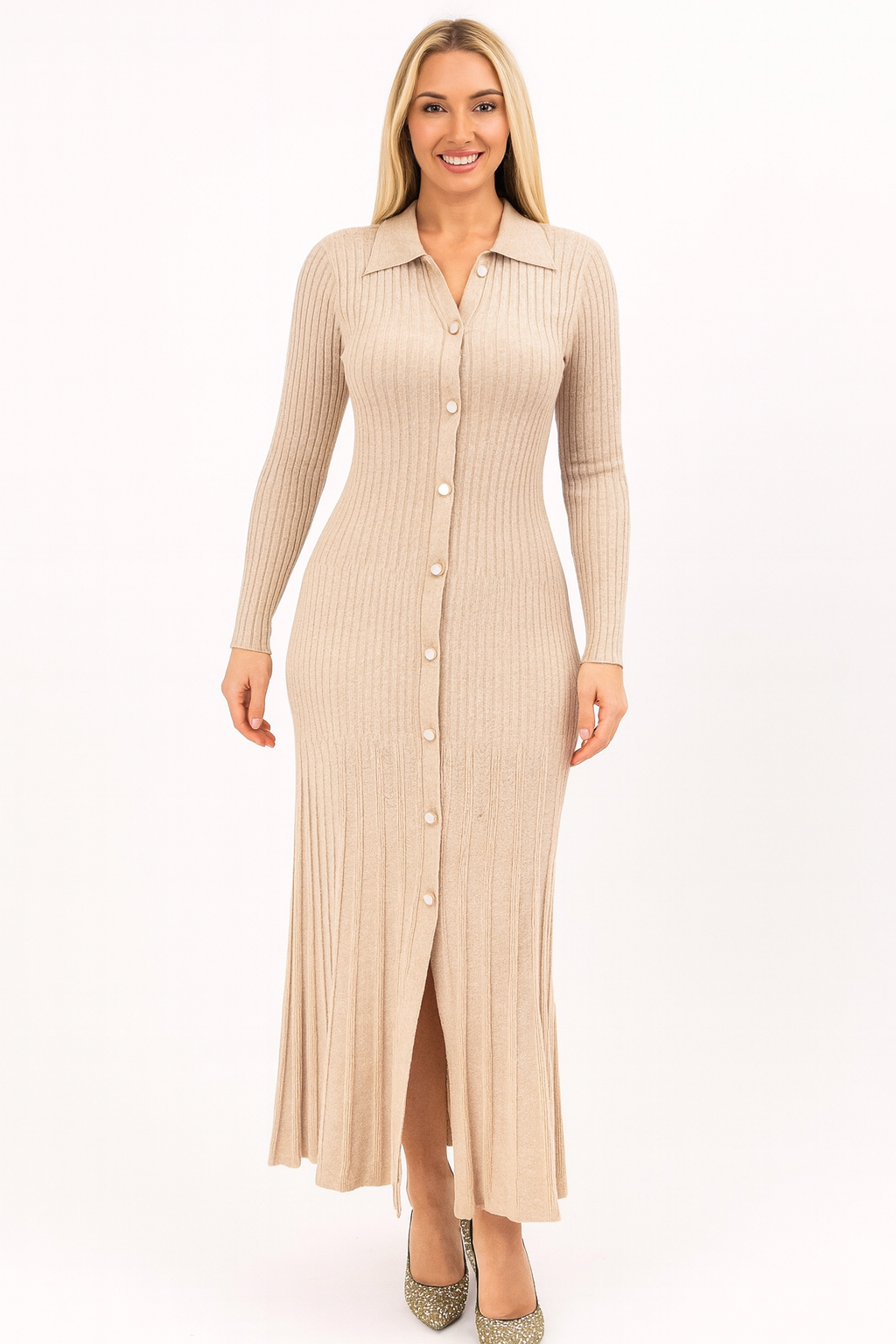 Ribbed Viscose Blend Button Detail Extra Long A-Line Knitted Dress