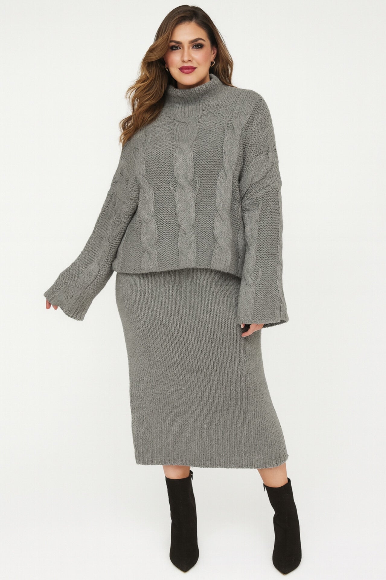 High Neck Braid Knit Pullover And Midi Skirt Set