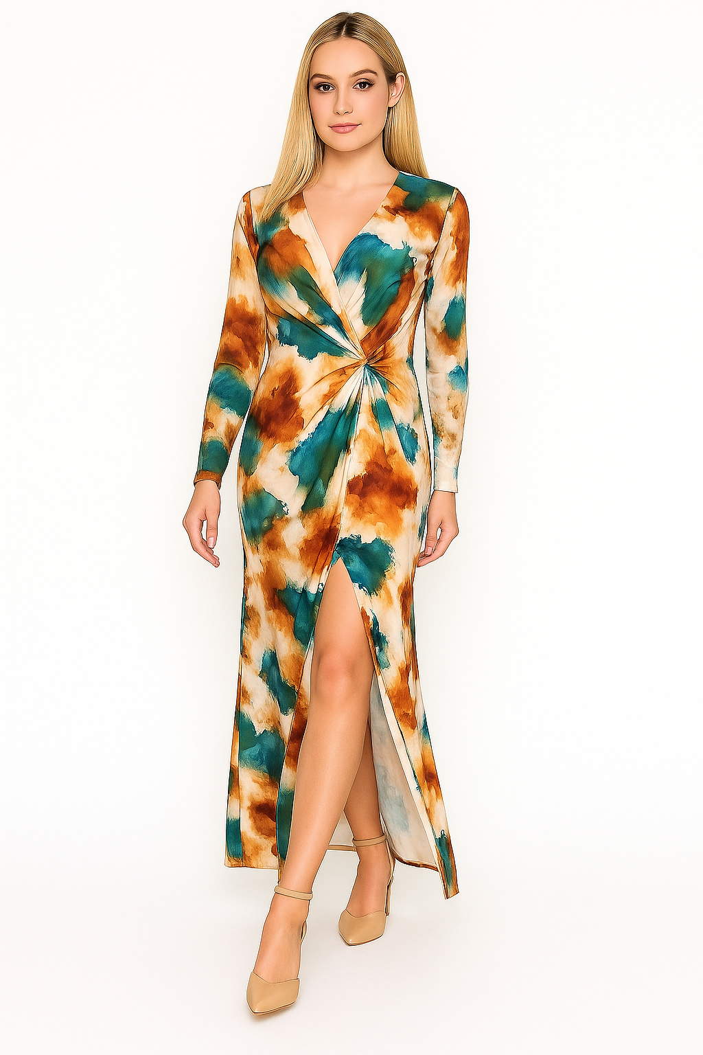 Watercolour Print Twist Front Side Slit Tall Girl-Friendly Slinky Maxi Dress