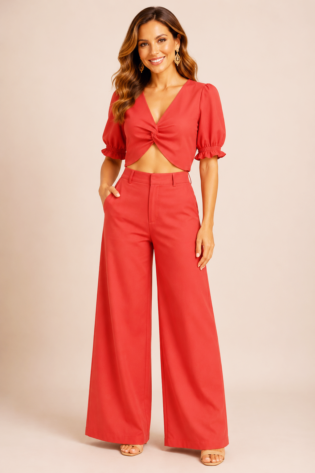 Viscose Blend Wide Leg Trousers And Twist Top Coord Set
