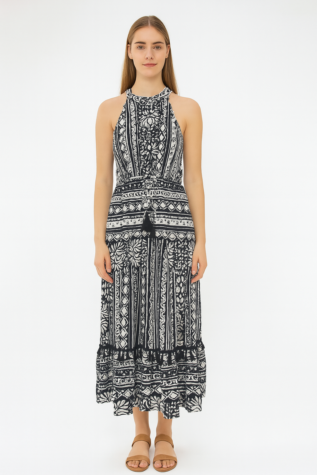 Halterneck Bohemian Floral Geometric Print Tie Up Layered Viscose Maxi Dress