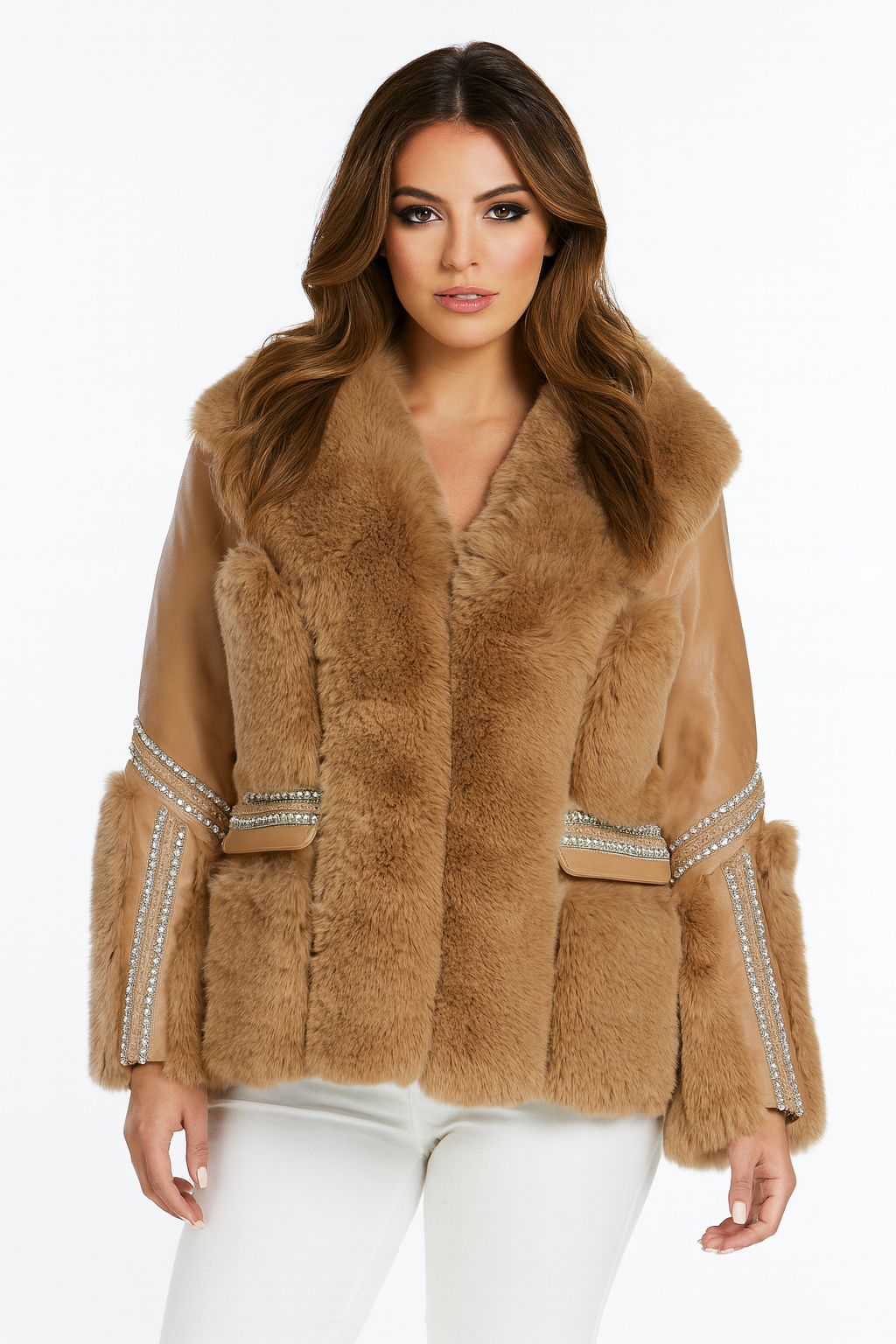 Wholesale Women's Vegan Fur With Leather Panel Luxurious Beaded Trim Elegant Jacket (PACK OF 6)