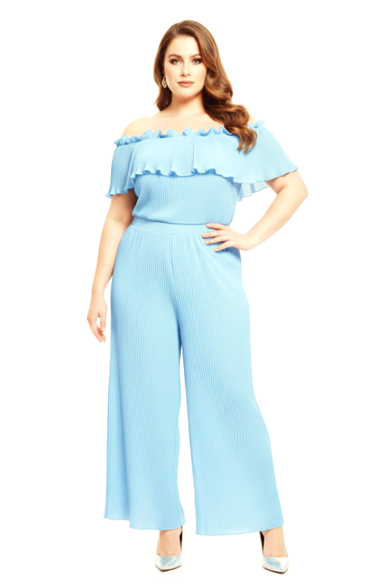 Plus Size Off Shoulder Top And Wide Leg Trousers Pleated Chiffon Coord Set