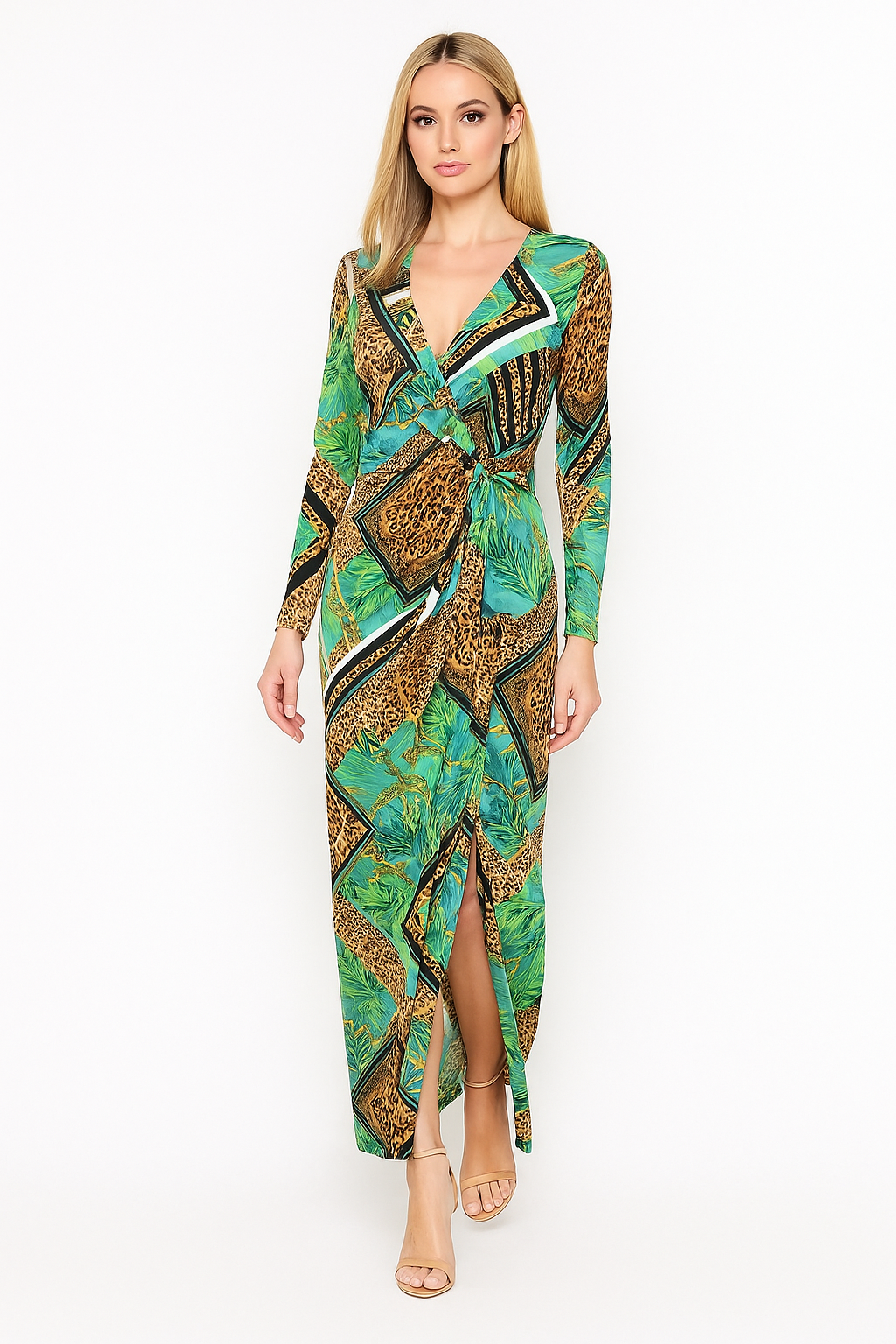 Leopard Baroque Print Twisted Front Side Slit Slinky Tall Girl-Friendly Maxi Dress