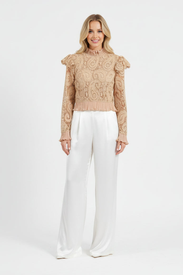 Frilll Hem Zip At The Back Elegant Crochet Blouse