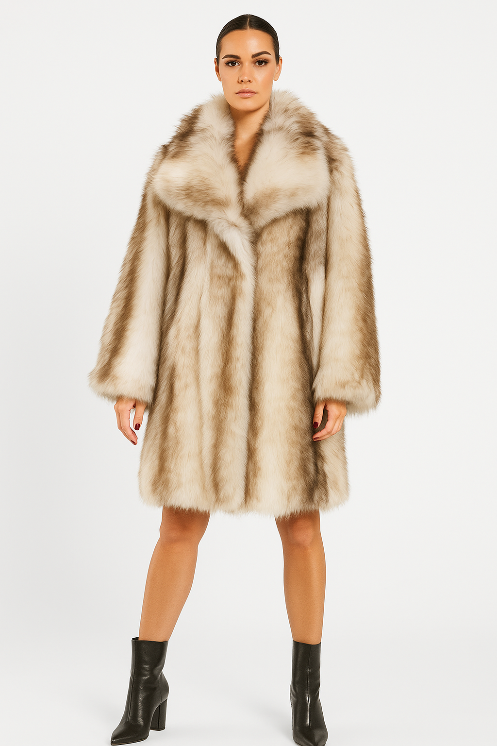 3 Tone Luxurious Knee Length Faux Fur Coat