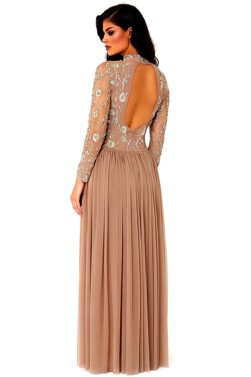 Embellished High Neck Cut Out Back Extra Long Evening Dress
