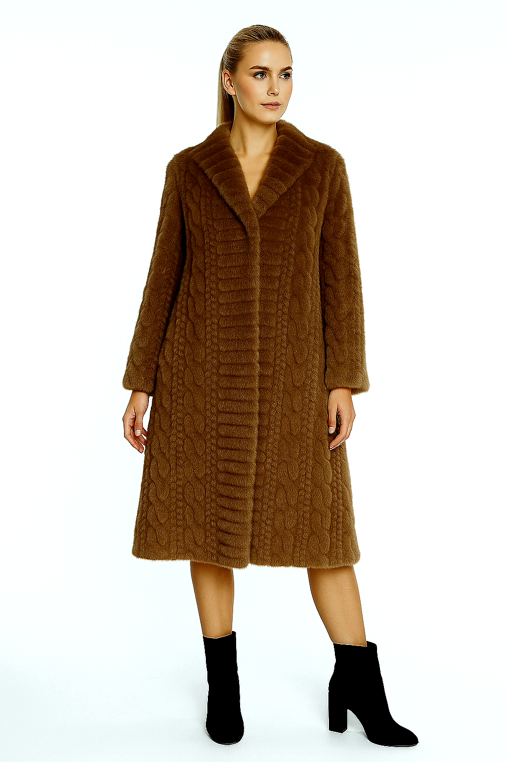 Luxurious Knee Length Cable Pattern Faux Fur Coat