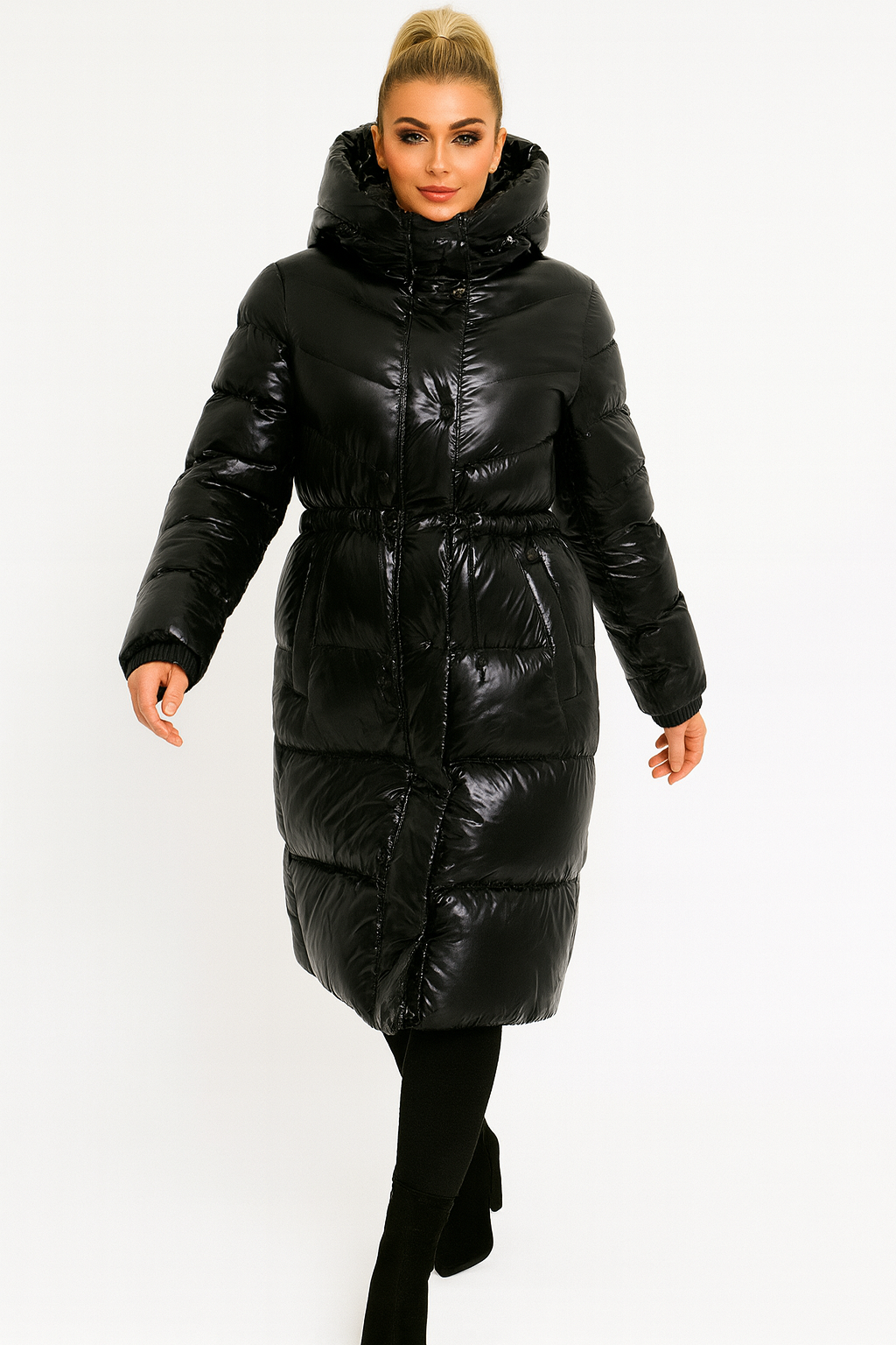 High Sheen Padded Drawstring Waist Hooded Puffer Coat