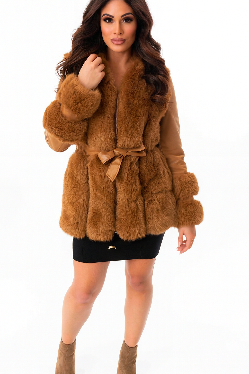 Faux Fur Trim And Vegan Leather Hooded Belted Fleeced Lining Jacket