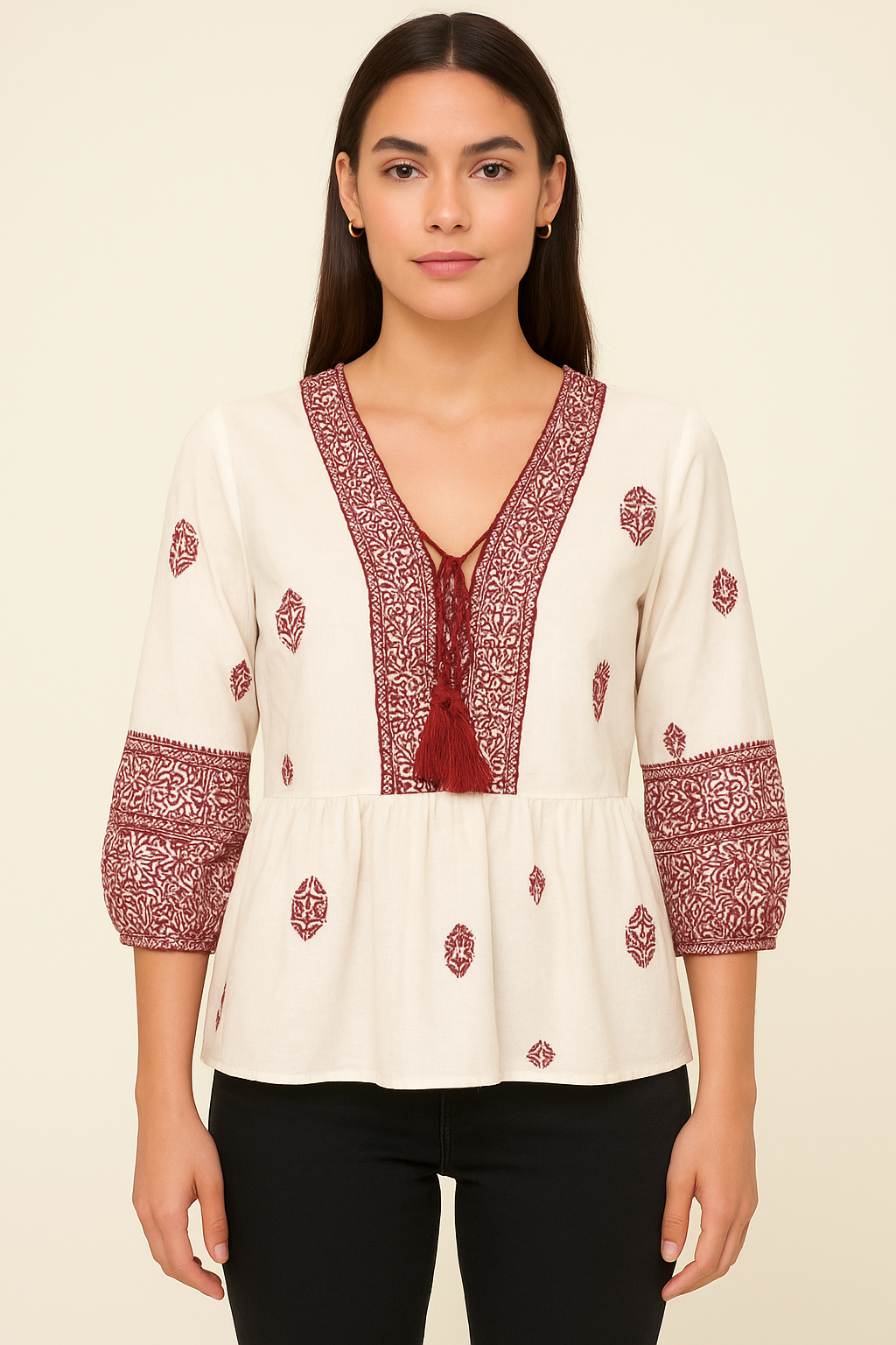 Boho Tassel V-Neckline 3/4 Sleeve Tunic Top