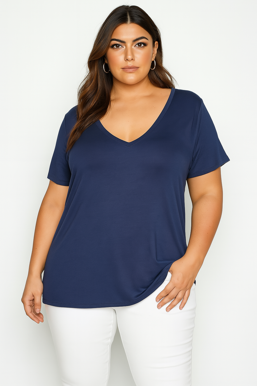 V-Neck Short Sleeve Lightweight Viscose Blend Basic T-shirt