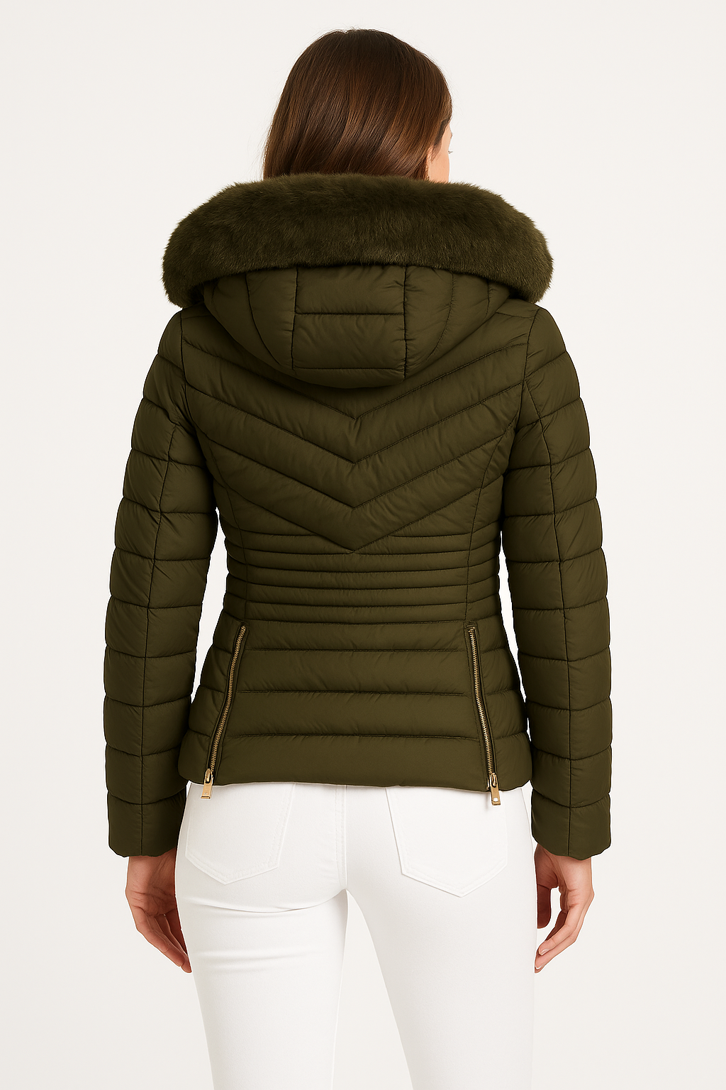 Wholesale Women's Chevron Quilt Faux Fur Hood Puffer Jacket (PACK OF 5)