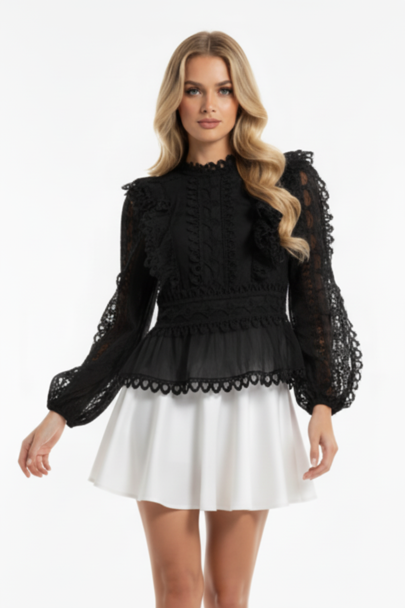 Balloon Sleeve Frill Embroidered Detail Zip Back Elegant Blouse