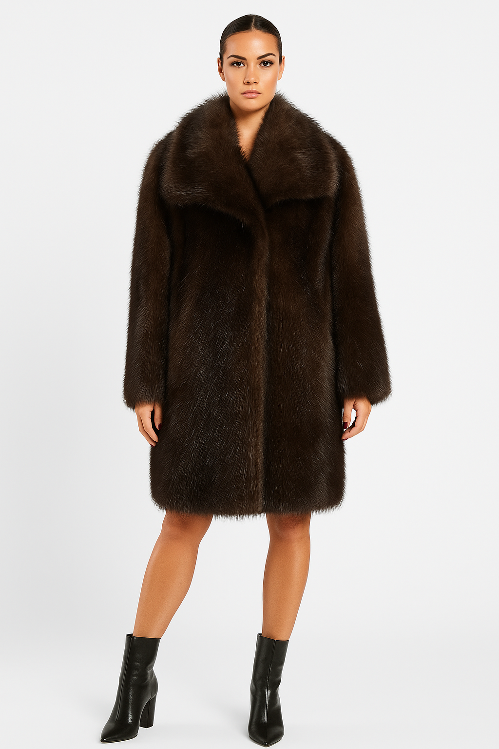 3 Tone Luxurious Knee Length Faux Fur Coat