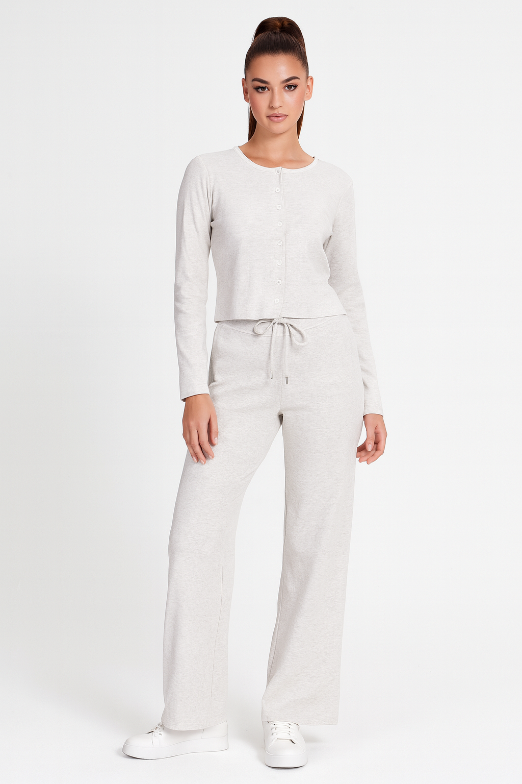 Wholesale Women’s Button Down Top And Wide Leg Ribbed Jersey Loungewear Set (PACK OF 6)