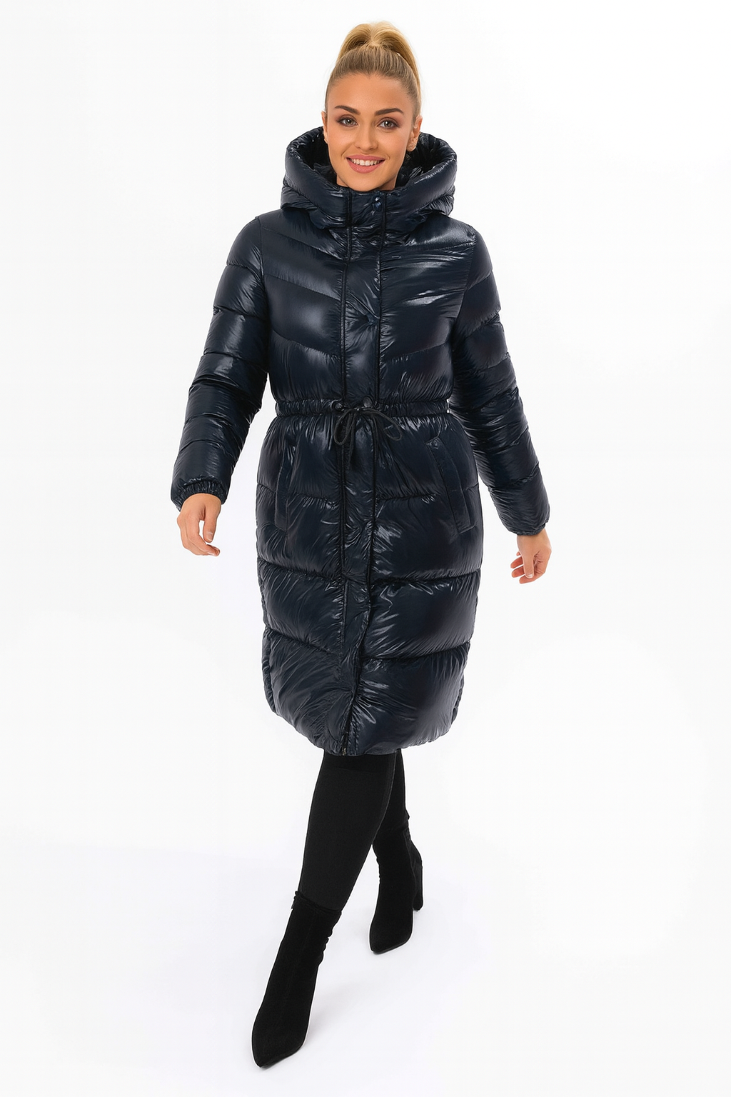 High Sheen Padded Drawstring Waist Hooded Puffer Coat