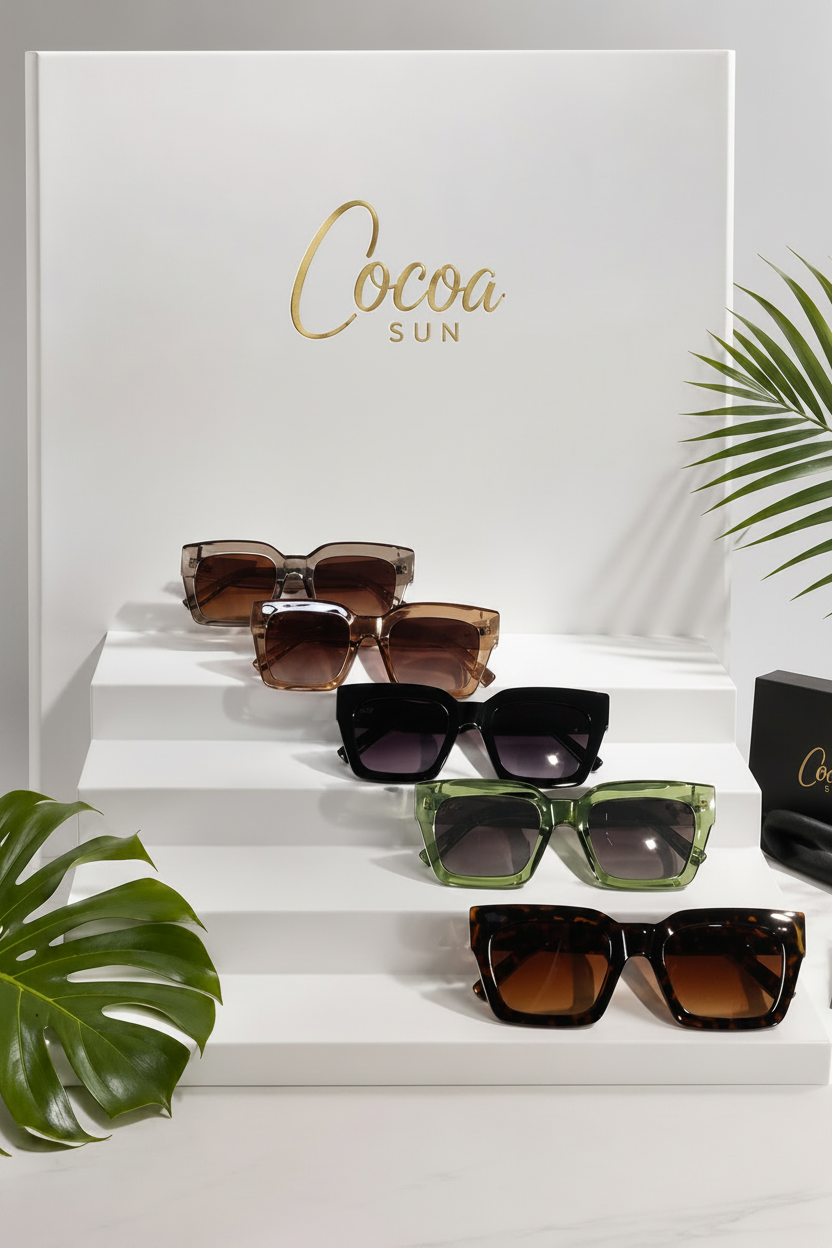 Display of sunglasses with 'Cocoa' branding against a white background