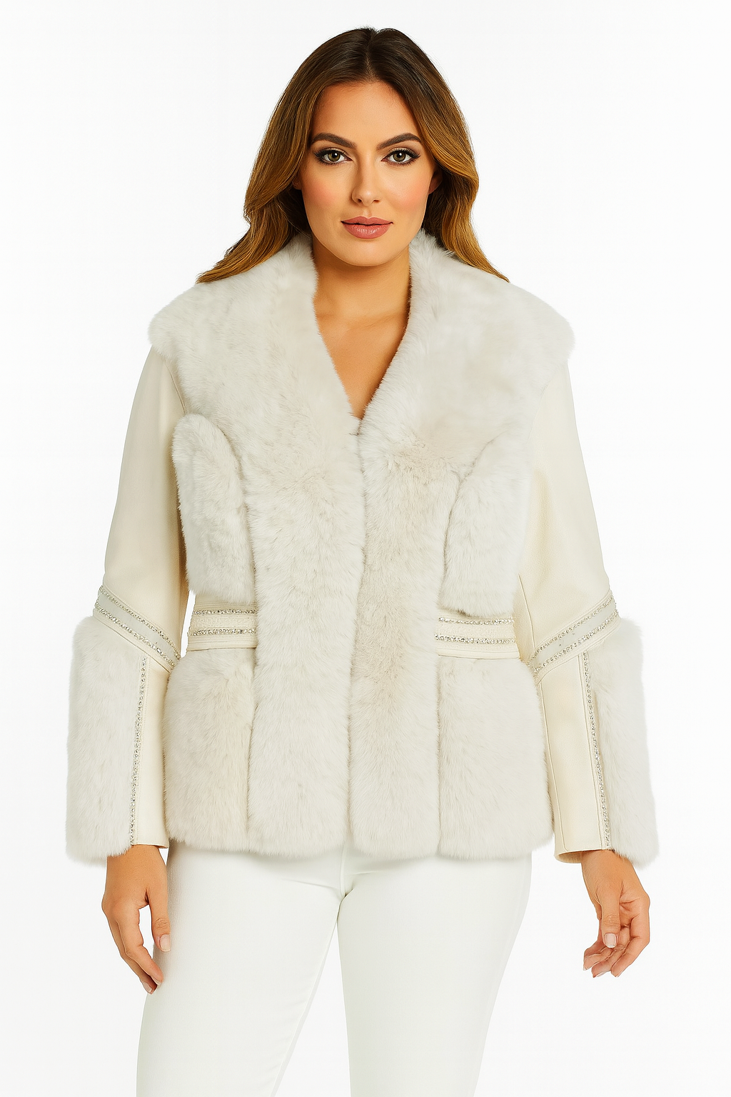 Vegan Fur With Leather Panel Luxurious Beaded Trim Elegant Jacket