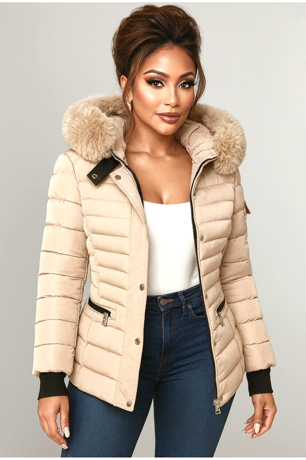Horizontal Zip Pockets Faux Fur Hooded Jacket