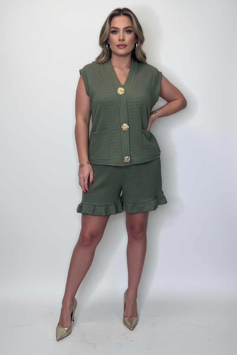 Brooch Buttons Short Sleeve Top And Shorts Textured Coord Set