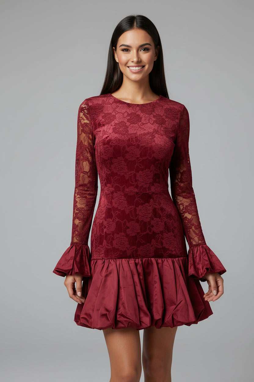 Lace Detail Long Bell Sleeve A-Line Short Dress