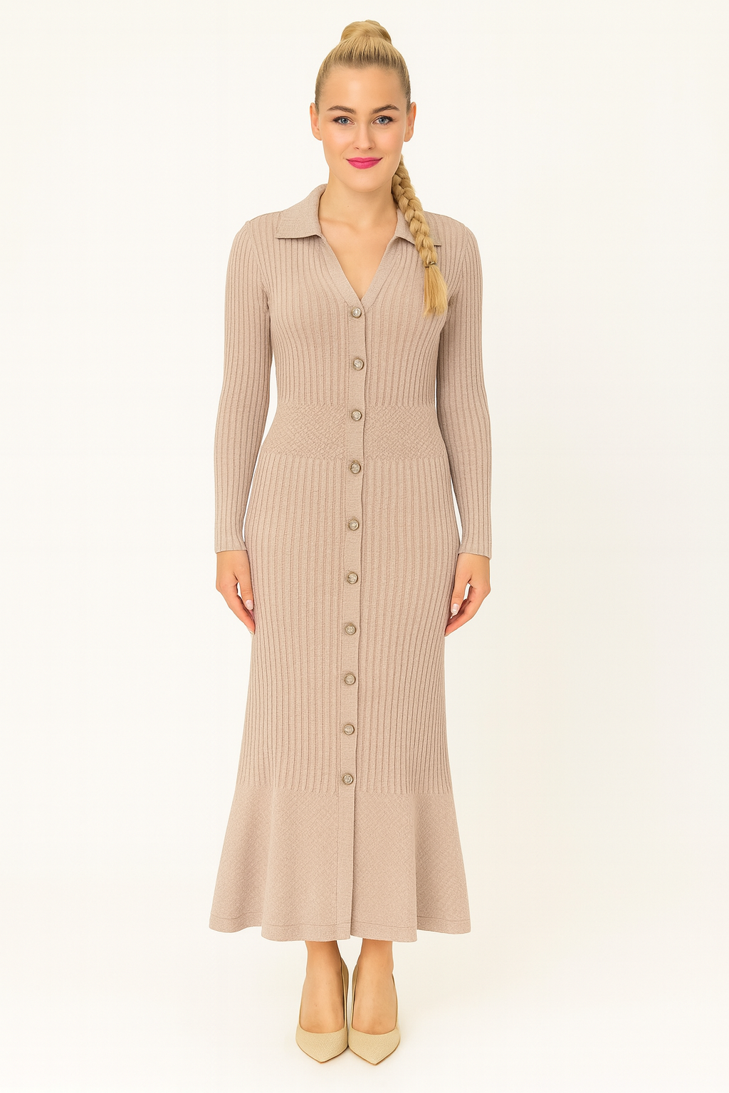 Perforated Waist Panel Button Detail Viscose Blend Extra Long Knitted Dress