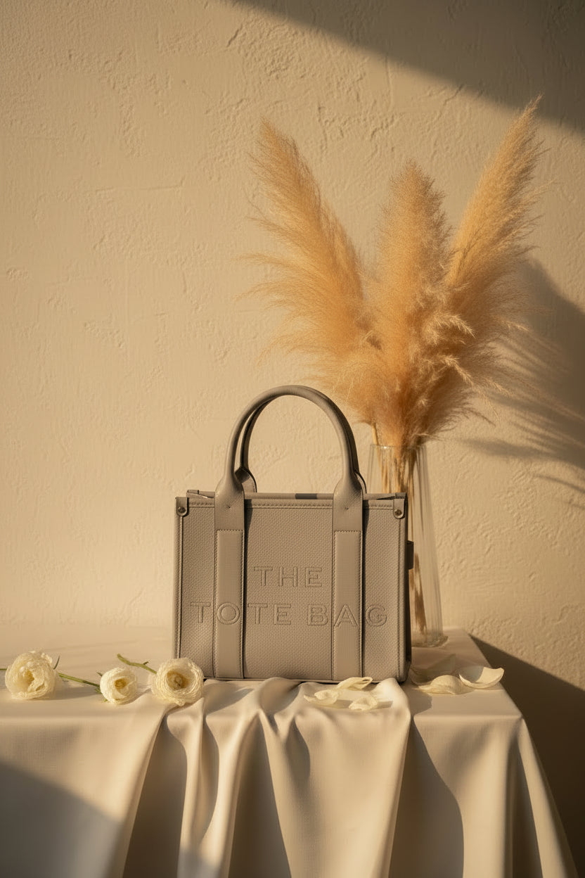 Textured Vegan Leather Adjustable Strap Medium Slogan Tote Bag