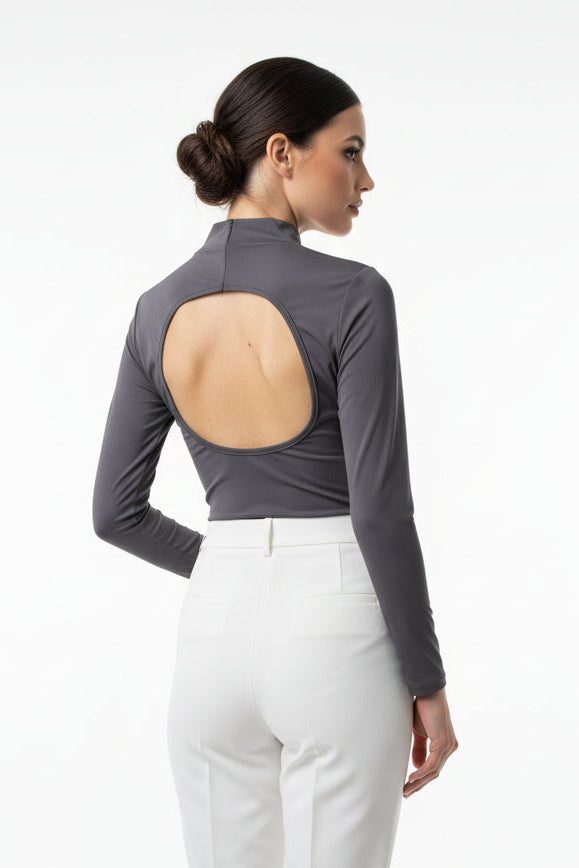 Cut Out Back Mock Neck Slinky Bodysuit