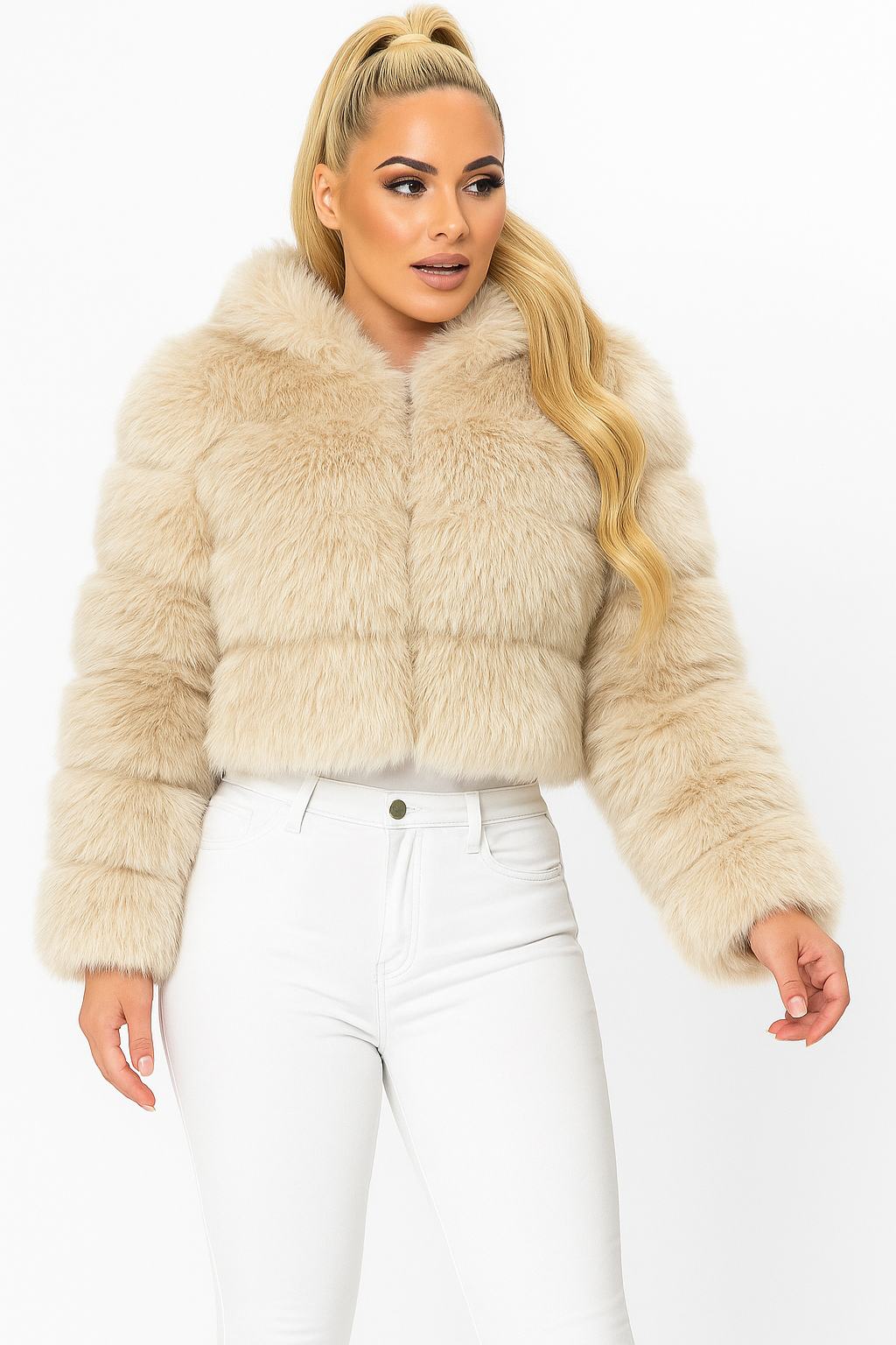 Faux Fur and Vegan Leather Stripes Hooded Cropped Jacket