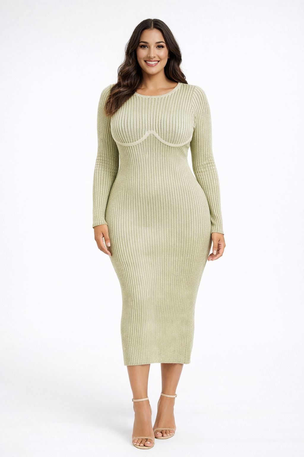 Wholesale Women's Bustier Style Melange Ribbed Viscose Blend Knit Long Sleeve Midi Dress (PACK OF 6)
