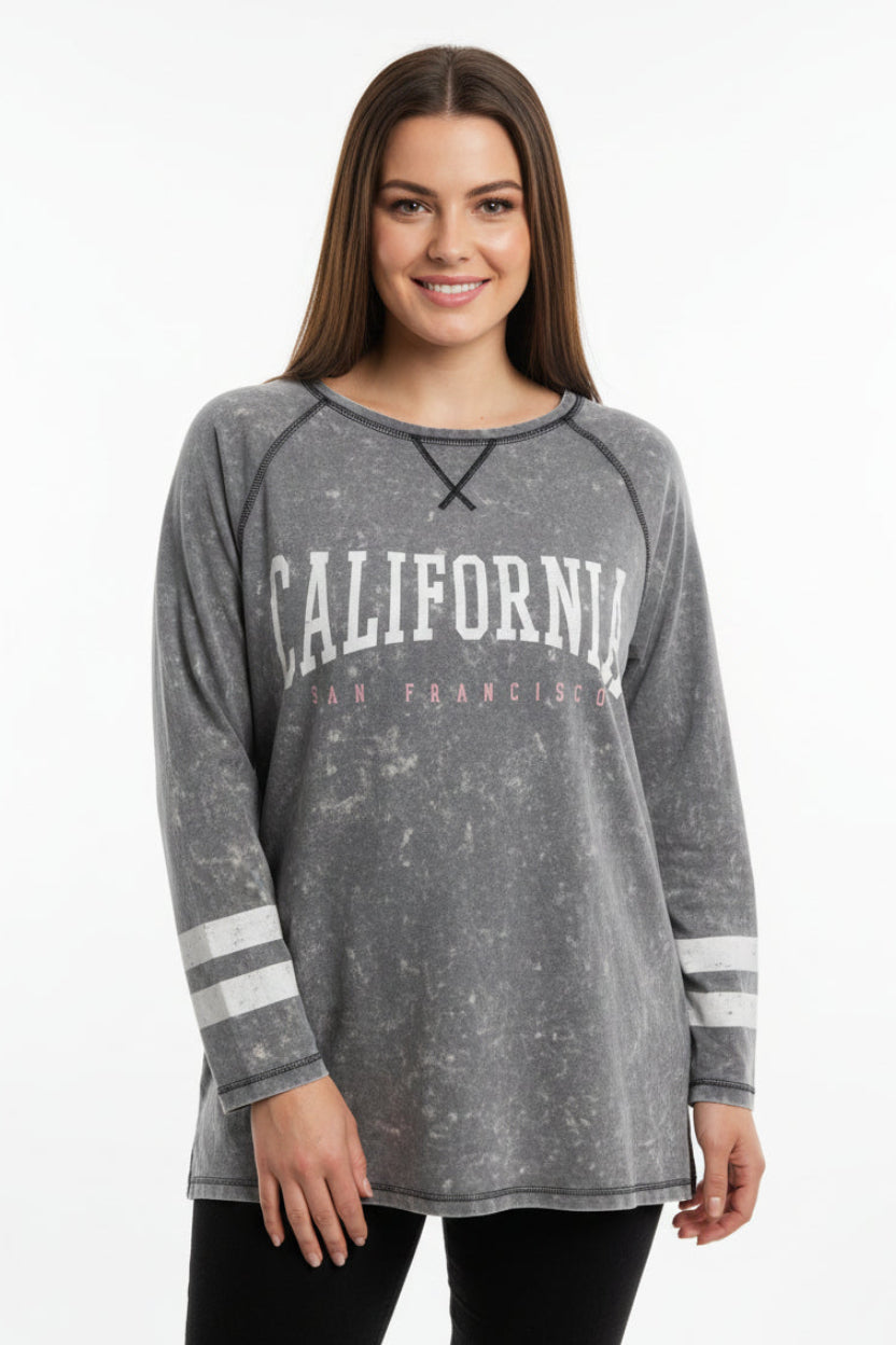 Plus Size Acid Wash Printed Long Sleeve T-shirt