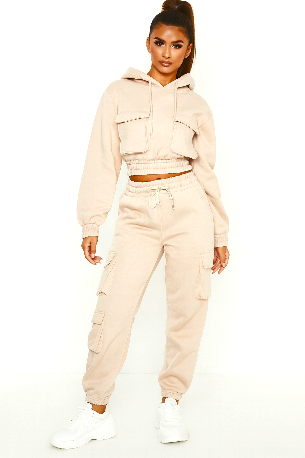 Fleeced Large Pocket Hoodie And Combat Joggers Tracksuit Set
