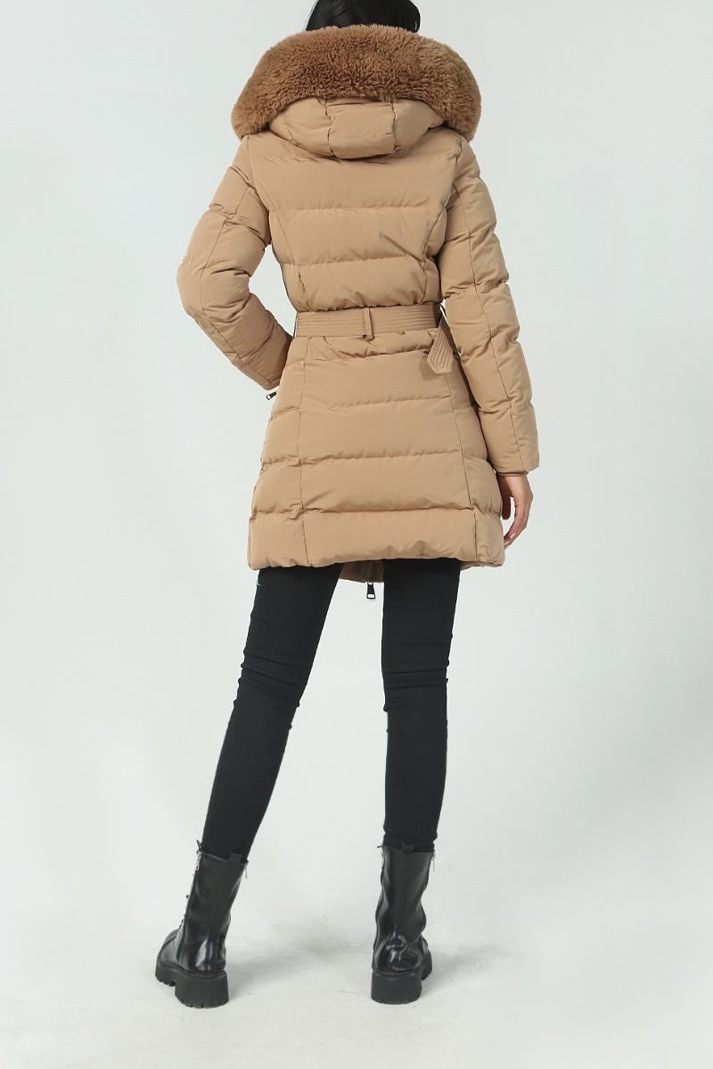 Faux Fur Trimmed Hood Belted Puffer Jacket