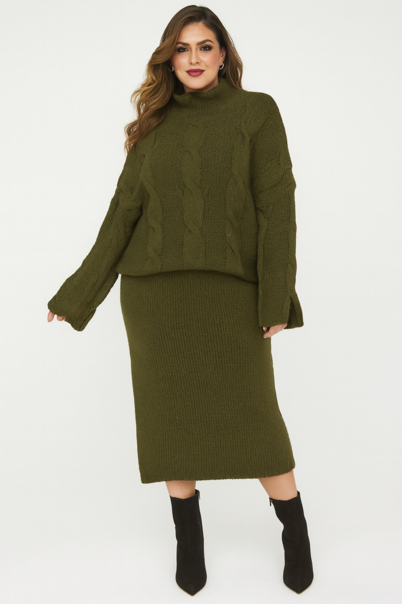 High Neck Braid Knit Pullover And Midi Skirt Set